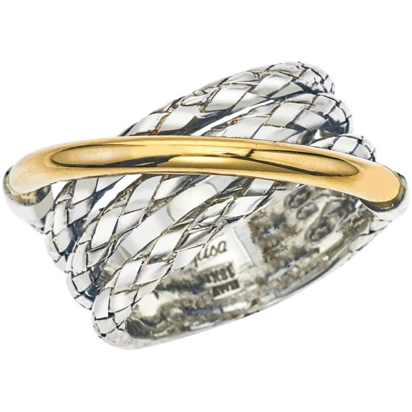 Alisa 3 Row Sterling Silver Traversa Band Ring with 18k Yellow Gold Shiny Crossover Wallach Jewelry Designs Larchmont, NY