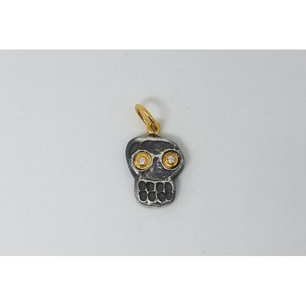 Oxidized Sterling Silver & 24k Gold SKULL Pendant Charm w/Diamond Eyes Wallach Jewelry Designs Larchmont, NY