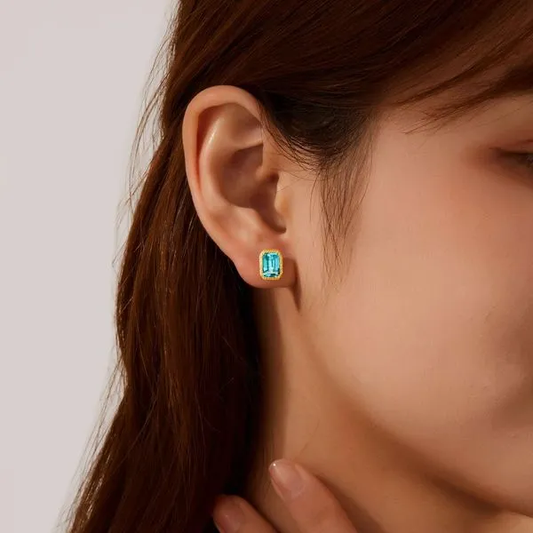Lafonn Gold-Plated Sterling Silver Stud Earrings w/Greenish-Blue Lab-Grown Sapphires Image 2 Wallach Jewelry Designs Larchmont, NY