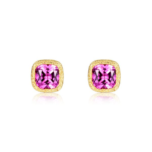 Lafonn Gold-Plated Sterling Silver Stud Earrings w/Pink Cushion Shape Lab-Grown Sapphires Wallach Jewelry Designs Larchmont, NY