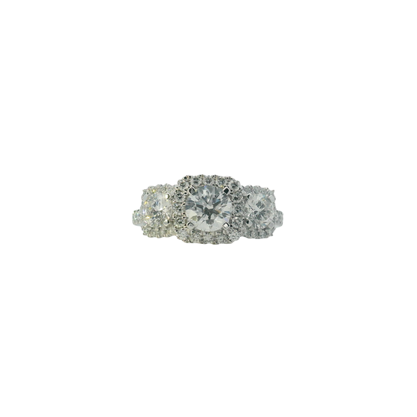 14K White Gold Laboratory Grown 2CTW 3 Stone Past Present and Future Diamond Ring with Halo Accents and Diamond Band vs e-f West and Company Auburn, NY