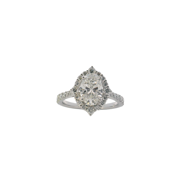 14K White Gold Laboratory Grown Oval Diamond Ring with Scalloped Halo and Diamond Band 2.29CTW VS EF West and Company Auburn, NY