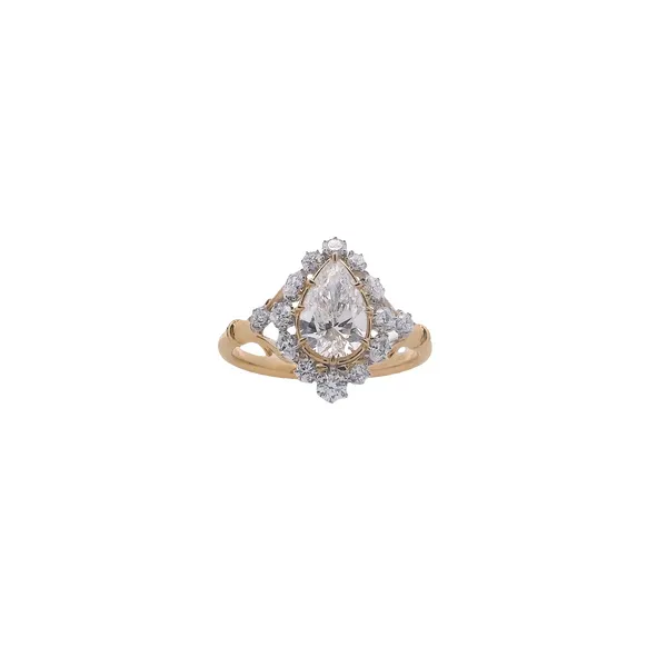 14K Yellow Gold Laboratory Grown Pear Shape Diamond Ring with Fancy Halo and White Gold Accents West and Company Auburn, NY