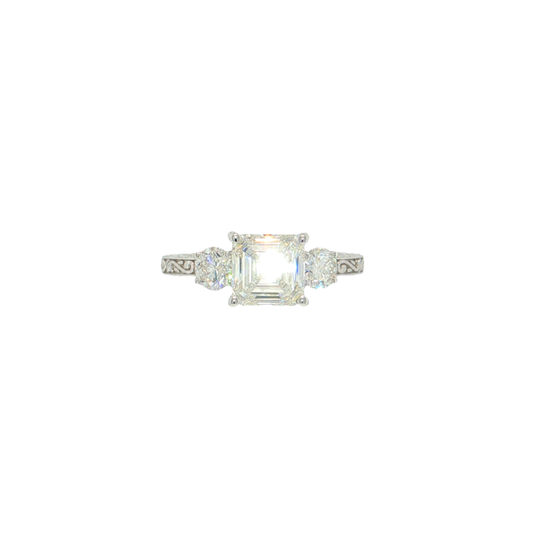 14K White Gold Laboratory Grown Ascher and Round Diamond Ring with Engraved Band (2.06CT Center 2.74CTW) West and Company Auburn, NY
