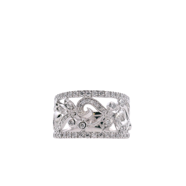 14K White Gold Diamond Wide Band Scroll Design Ring 3/4CTW West and Company Auburn, NY