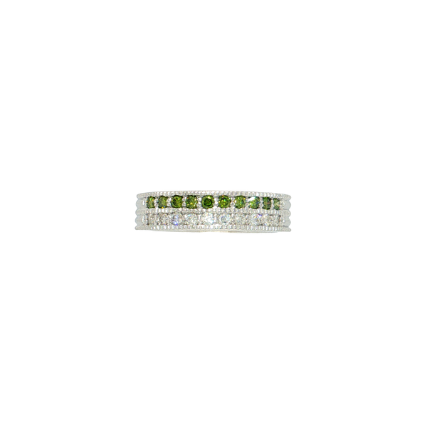 14K White Gold Green and White Diamond Band Ring with Milgrain Detail West and Company Auburn, NY