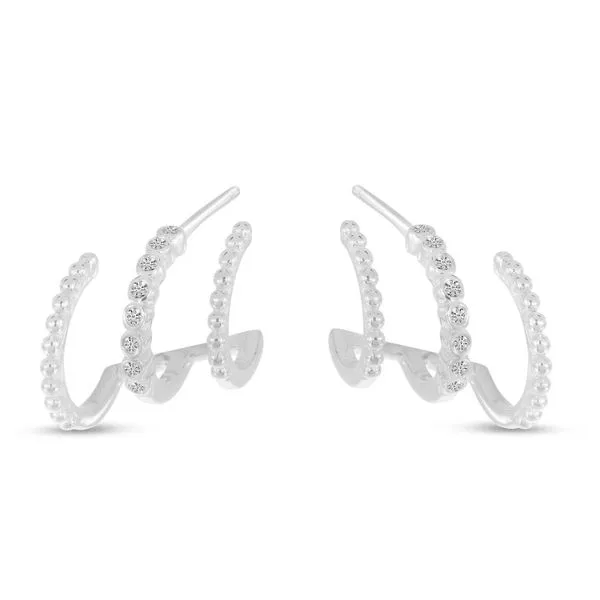14K White Gold Diamond Beaded Triple Row Huggie Earrings West and Company Auburn, NY