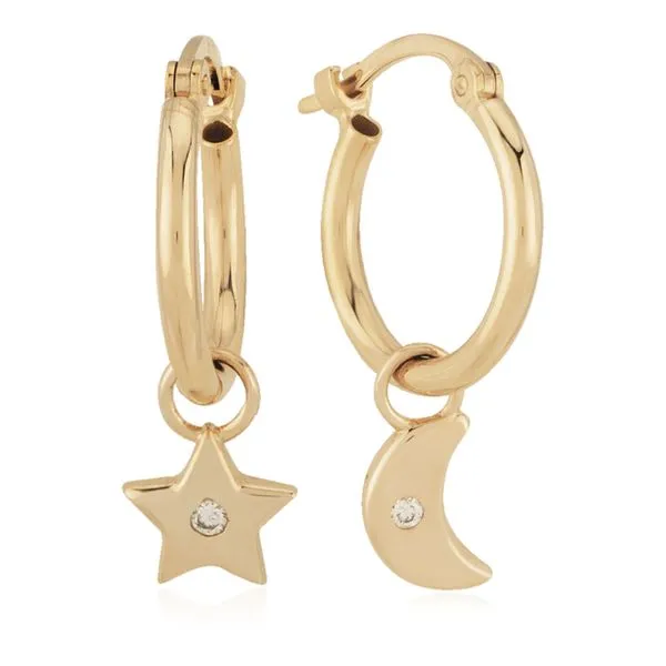 14K Yellow Gold 1.5mm Tube Hoop Earrings with One Each Diamond Moon and Star Dangles and Snap Bar Closure Image 2 West and Company Auburn, NY