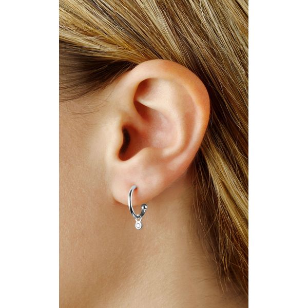 14K White Gold Hoop Earrings with Removable Bezel Diamond Dangles Image 2 West and Company Auburn, NY