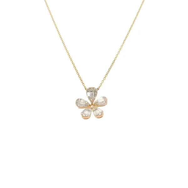 14K Yellow Baguette and Round Diamond Flower Pendant with Adjustable Chain .44CTW Image 2 West and Company Auburn, NY
