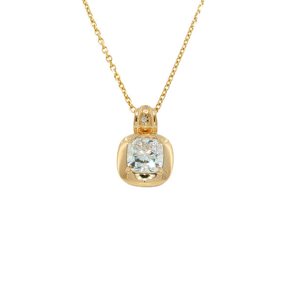 18K Yellow Gold Laboratory Grown Cushion Cut Diamond Pendant with Gold Frame, Claw Prongs  and Accented Bale West and Company Auburn, NY