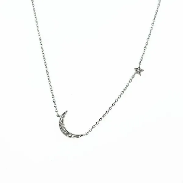 14K White Gold Moon and Star Necklace With Diamond Accents-Adjustable West and Company Auburn, NY