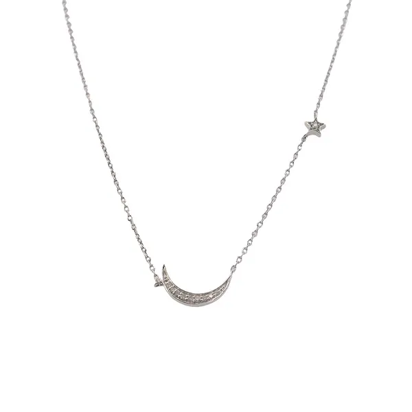 14K White Gold Moon and Star Necklace With Diamond Accents -Adjustable West and Company Auburn, NY