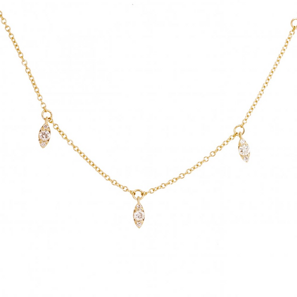 14K Yellow Gold 7 Station Diamond Dangle Necklace -Marquise Shapes set with Round Diamonds . West and Company Auburn, NY