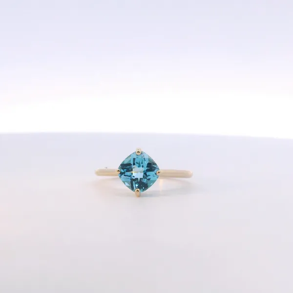 14K Yellow Gold Compass Set Cushion Cut Blue Topaz Ring West and Company Auburn, NY