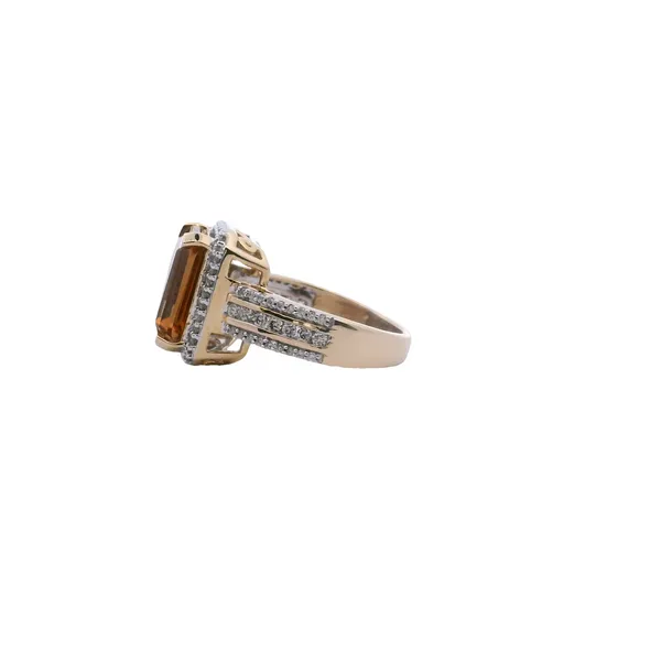 14K Yellow Gold 5 CT Lab Grown Emerald Cut Lusterine Halo Style Ring with .67CTW of Natural Prong and Channel Set Diamonds Image 2 West and Company Auburn, NY