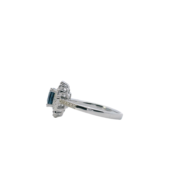 14K White Gold Cushion Cut London Blue Topaz Ring with Princess Cut, Baguette, and Round Diamond Accents and Milgrain Detail Image 2 West and Company Auburn, NY