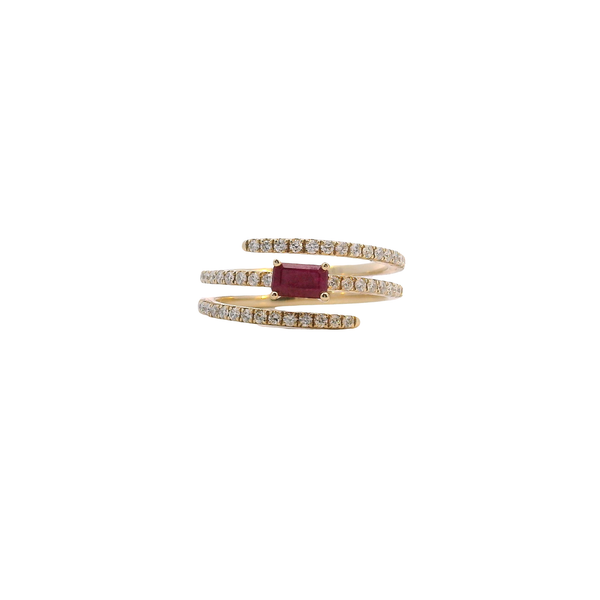 14K Yellow Gold Natural Emerald Cut Ruby and Diamond Wrap Bypass Design Ring West and Company Auburn, NY