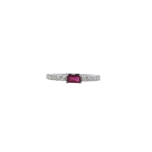 14K White Gold East West Emerald Cut Ruby and Diamond Stackable Band Ring West and Company Auburn, NY