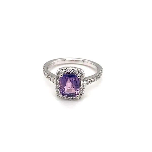 18K White Gold Cushion Cut Purple Sapphire and Diamond Halo Ring West and Company Auburn, NY