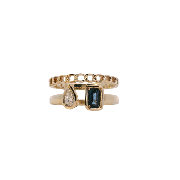 14K Yellow Gold Toi Et Moi Emerald Cut Sapphire and Pear Shaped Diamond Stack Look Ring with Chain Band West and Company Auburn, NY