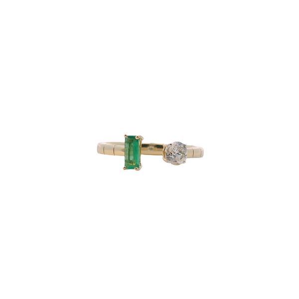 14K Yellow Gold Baguette Emerald and Round Diamond Negative Space Ring West and Company Auburn, NY
