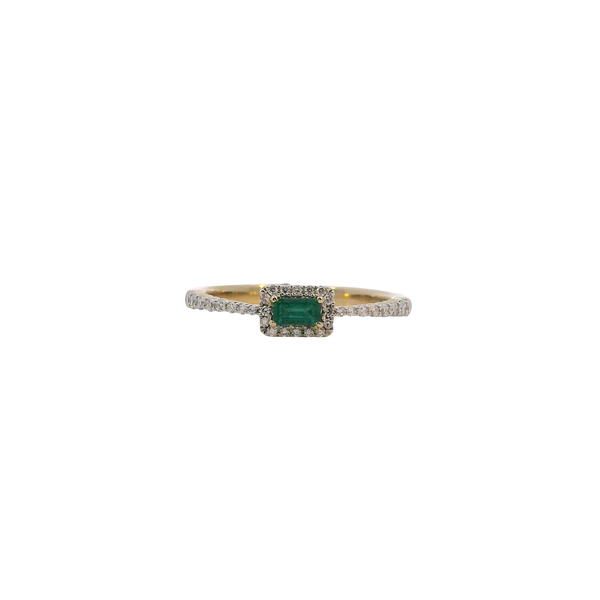 14K Yellow Gold Emerald and Diamond Ring with Halo and Diamond Band West and Company Auburn, NY