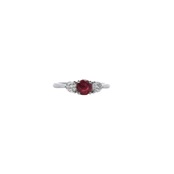 14K White Gold Natural Ruby and Diamond Three Stone Ring West and Company Auburn, NY