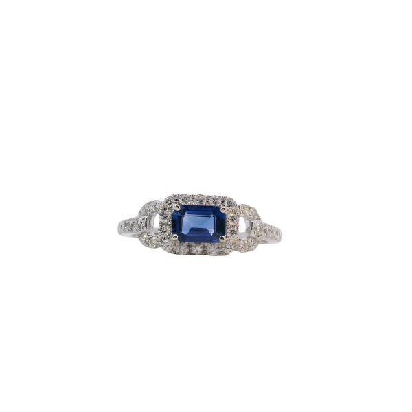 14K White Gold Emerald Cut Sapphire and Diamond Ring West and Company Auburn, NY