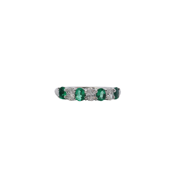 18K White Gold Natural Oval Emerald and Diamond Band Ring West and Company Auburn, NY