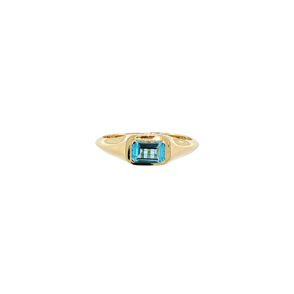 10K Yellow Gold East West Emerald Cut Blue Topaz Signet Style Ring West and Company Auburn, NY