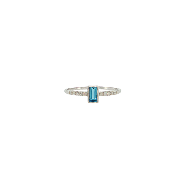 14K White Gold Bezel Set Blue Topaz and Diamond Ring with Milgrain Detail West and Company Auburn, NY