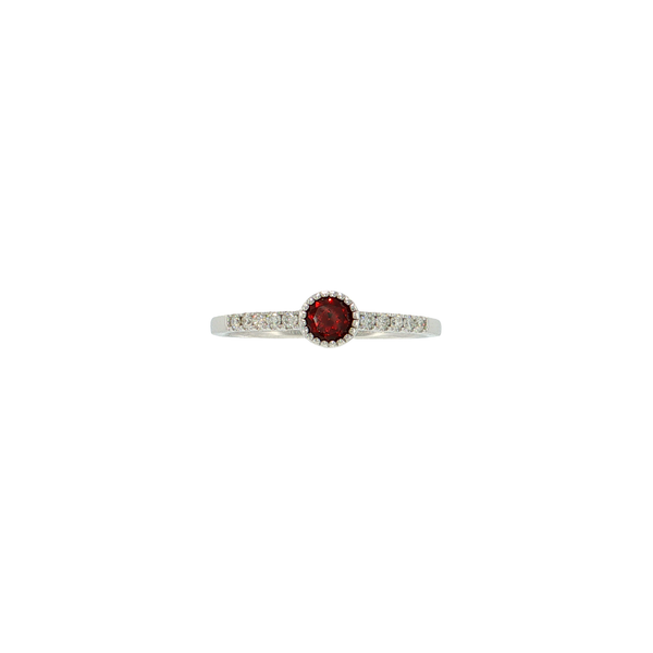 14K White Gold Bezel Set Garnet and Diamond Ring with Milgrain Detail West and Company Auburn, NY