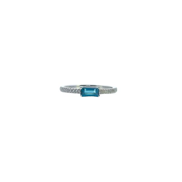 10K White Gold East-West Baguette London Blue Topaz Ring with Diamond Band West and Company Auburn, NY