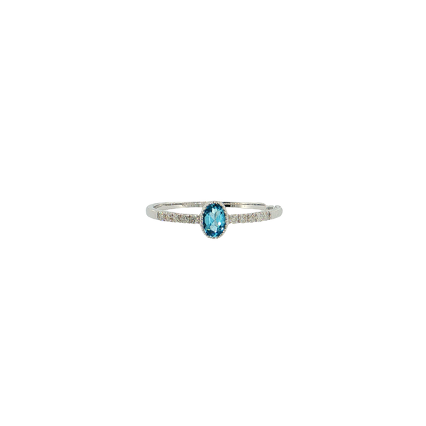 14K White Gold Bezel Set Pear Shape Blue Topaz and Diamond Ring with Milgrain Detail West and Company Auburn, NY