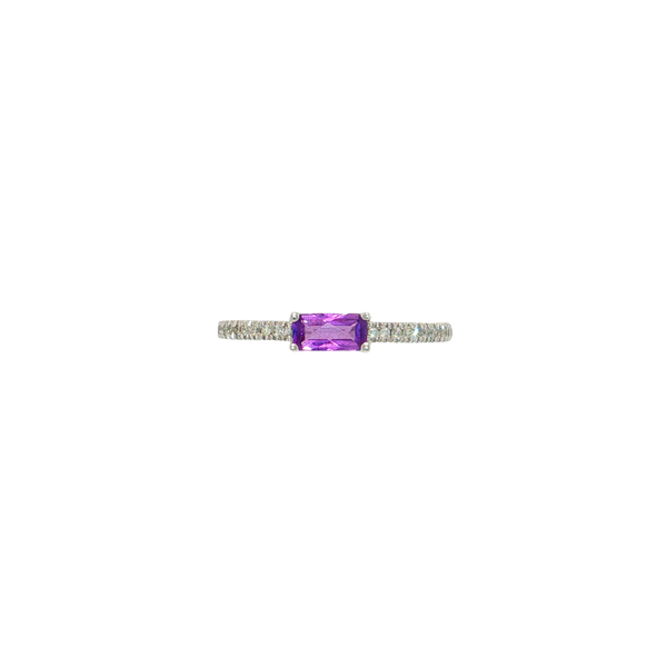 14K White Gold Checkerboard Cut East West Amethyst and Diamond Ring West and Company Auburn, NY