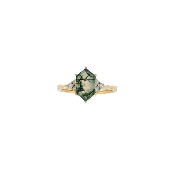 14K Yellow Gold Hexagonal Moss Agate and Diamond Ring West and Company Auburn, NY