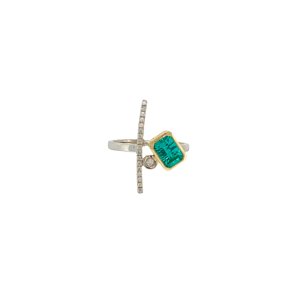 14K Yellow and White Gold Bezel Set Lab Grown Paraiba Colored Garnet and Natural Diamond Bypass Ring West and Company Auburn, NY