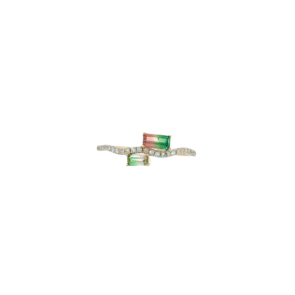 14K Yellow Gold East West Watermelon Tourmaline and Diamond Wave Style Band West and Company Auburn, NY