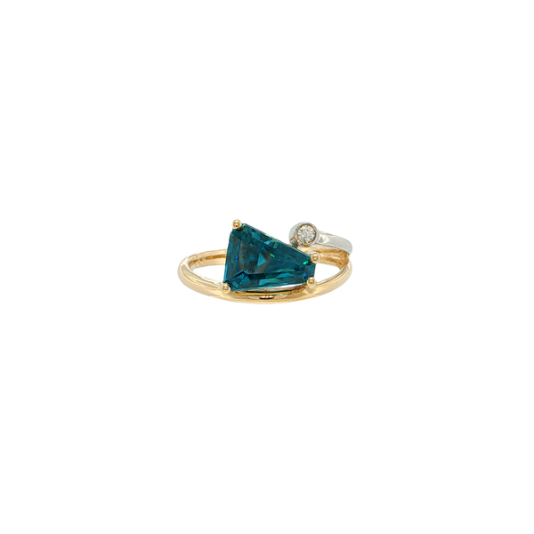14K Two Tone Trapezoid Blue Zircoin Bypass Ring with Bezel Diamond Accent West and Company Auburn, NY