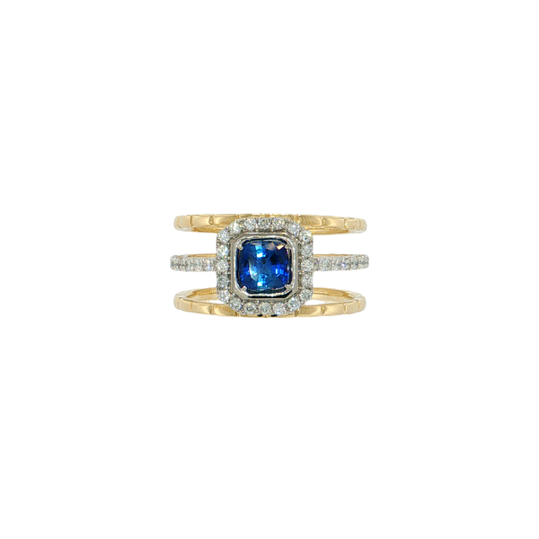 14K Yellow Gold Triple Row Sapphire and Diamond Halo Ring West and Company Auburn, NY
