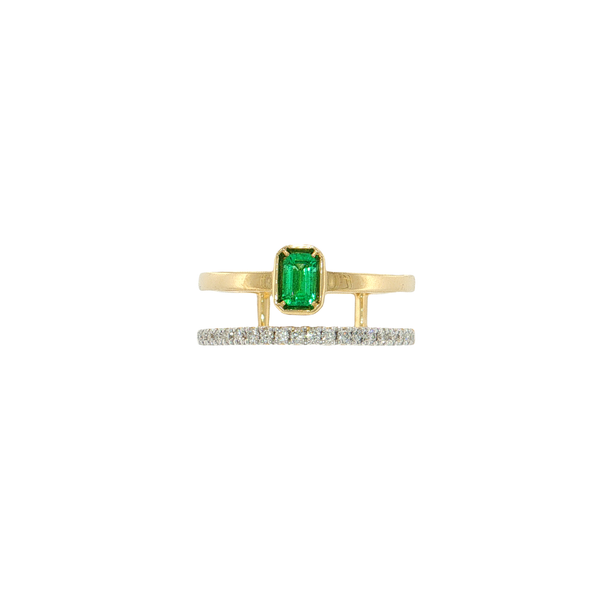 14K Yellow Gold Emerald Cut Emerald and Diamond Conneceted Stack Look Ring West and Company Auburn, NY