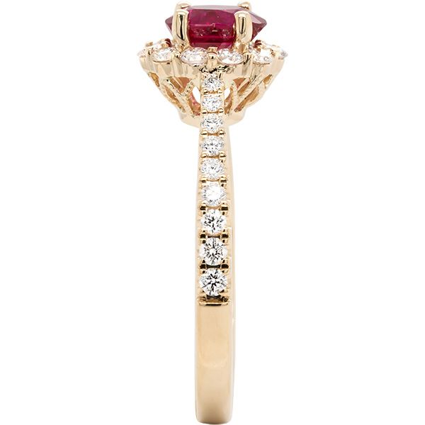14K Yellow Gold Natural Ruby and Diamond Halo Ring with Cathedral Band Image 3 West and Company Auburn, NY