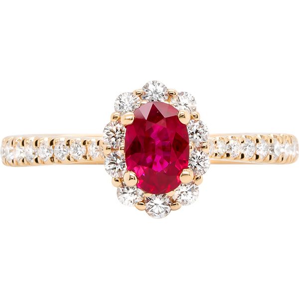 14K Yellow Gold Natural Ruby and Diamond Halo Ring with Cathedral Band West and Company Auburn, NY