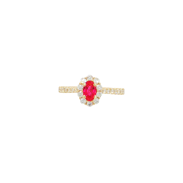 14K Yellow Gold Natural Ruby and Diamond Halo Ring with Cathedral Band West and Company Auburn, NY