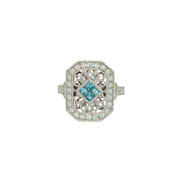 14K White Gold Blue (Irradiated) and Whie Diamond Filigree Vintage Look Ring 7/8CTW West and Company Auburn, NY