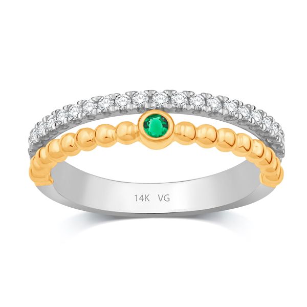 14K Yellow And White Gold Bezel Set Emerald Beaded Stack Look Ring with Diamond Band West and Company Auburn, NY