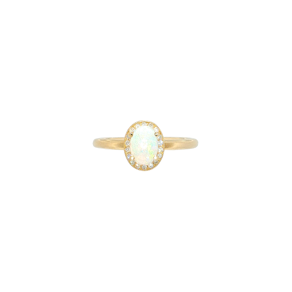 14K Yellow Gold Opal And Diamond Halo Style Ring with Milgrain Detail West and Company Auburn, NY
