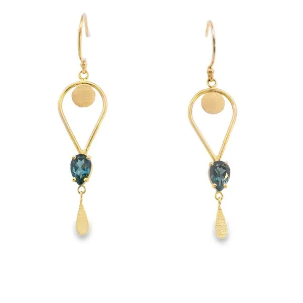 14K Yellow Gold London Blue Topaz Euro Wire Earrings Created by Martha West and Company Auburn, NY