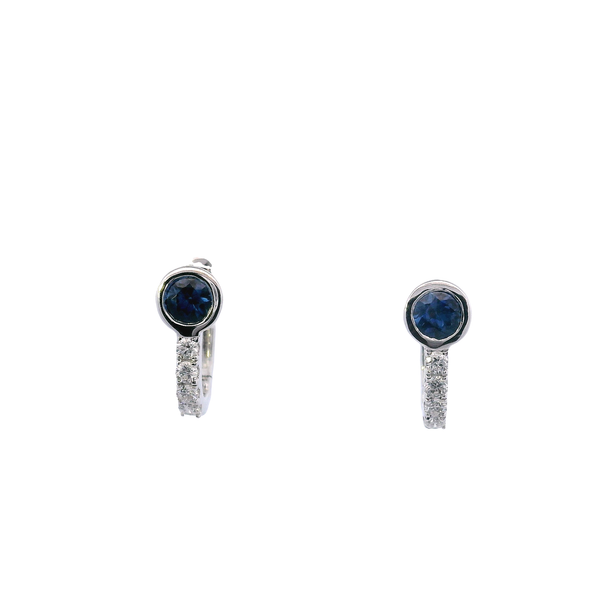 14K White Gold Bezel Set Sapphire and Diamond Huggy Earrings West and Company Auburn, NY